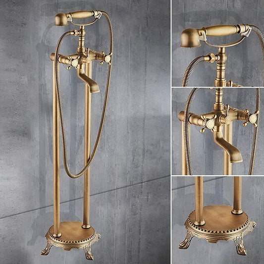 Mineral Mercantile Bathtub Faucet Floor Mounted, Brass Retro Style Telephone Shape Brass Electroplated Finish Two Handles Two Holes Shower Faucet with Handshower and Drain #8332140