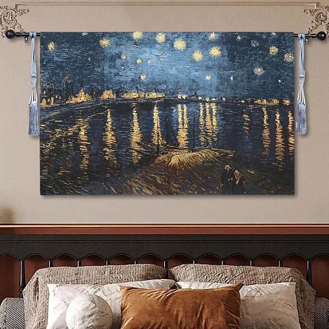 Mineral Mercantile Jacquard Woven Tapestry Gobelin Aubusson Tapestry Wall Hanging Starry Night Over the Rhône Loom Cotton Weave Living Room Bedroom Decoration(without Stick and Tassels) #18308215