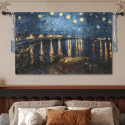 Mineral Mercantile Jacquard Woven Tapestry Gobelin Aubusson Tapestry Wall Hanging Starry Night Over the Rhône Loom Cotton Weave Living Room Bedroom Decoration(without Stick and Tassels) #18308215