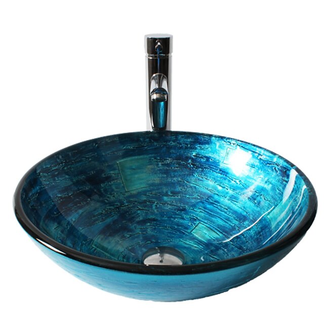 Mineral Mercantile Blue Round Chrome Tempered Glass Glass Basin with Straight Tube Faucet, Basin Support and Drain #4545243