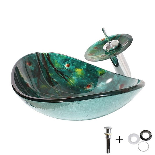 Mineral Mercantile Art Tempered Glass Wash Basin with Chrome Faucet Finish,Rectangular Sink Shape Bathroom Faucet #6952656