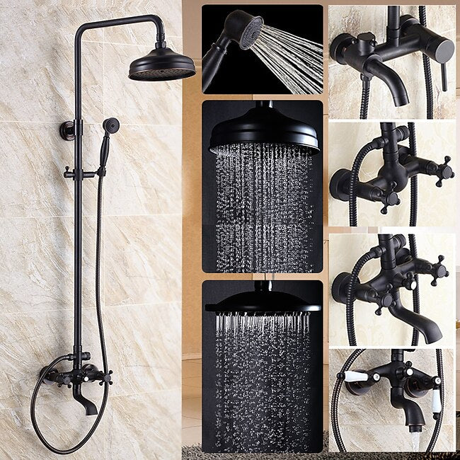 Mineral Mercantile Antique Shower System Faucet Combo Set, 8" Rainfall Shower Head Kit with Handshower Wall Mounted, Brass Copper Black Electroplated Finish Vintage Style 2 Handles 3 Hole Bath Mixer Taps with Bodysprays #8724614