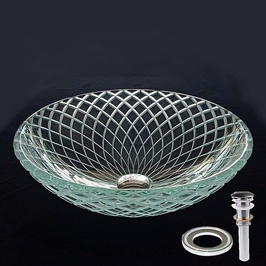 Mineral Mercantile Round Basin Sink 16.5 inches, Tempered Glass Crystal Vessel Sink with Pop Up Drain and Mounting Ring, Washroom Art Basin Countertop Artistic Above Counter Vanity Bowl #8023178