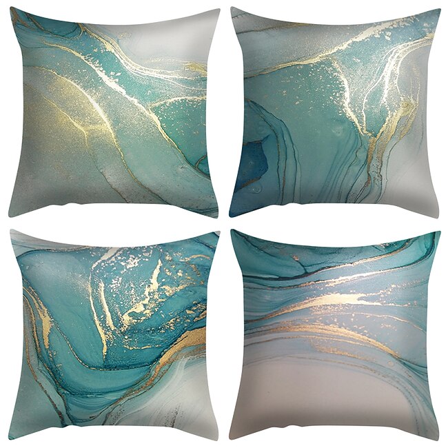 Mineral Mercantile Set of 4 Throw Pillow Covers Marble Texture Turquoise and Gold Silver Decorative Pillow Cases Luxury Abstract Fluid Art Ink Soft Square Cushion Covers for Couch Sofa #9070654