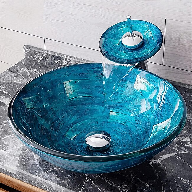 Mineral Mercantile Bathroom Vessel Sink Above Counter Blue Garden Vanity Tops Pedestal Bowl Sink Bathroom Dining Room Countertop Hand Glass Wash Basin #11353164