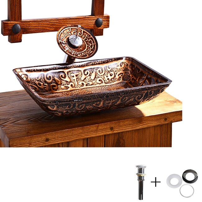 Mineral Mercantile Bathroom Sink Faucet Suit Contain with Zinc Alloy Bathroom Mounting Ring Antique Tempered Glass Rectangular Vessel Sink and Brass Water Drain #6813227