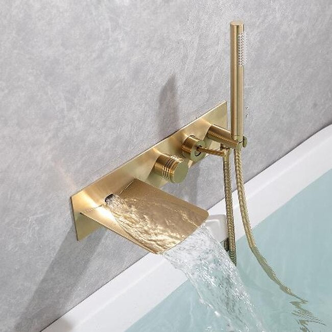 Mineral Mercantile Bathtub Faucet,Brass Brushed Gold/Black Wall Installation Waterfall Included Handshower of Spray Type Bath Shower Mixer Taps with Hot and Cold Water #8461794