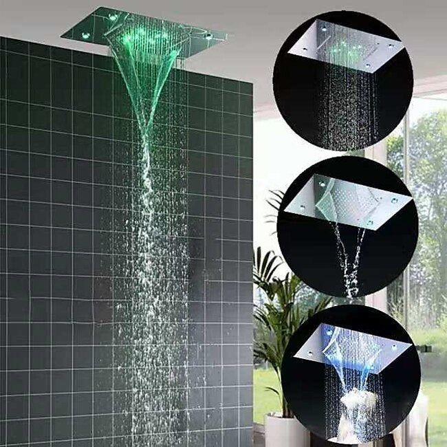 Mineral Mercantile 500*360 Chrome/3- Color LED Bathroom Faucets Rain Mixer Complete with Stainless Steel Rainfall Shower Head Ceiling Mounted Color Change By Water Temperature, Hydor Power, No Battery Needed #7014412