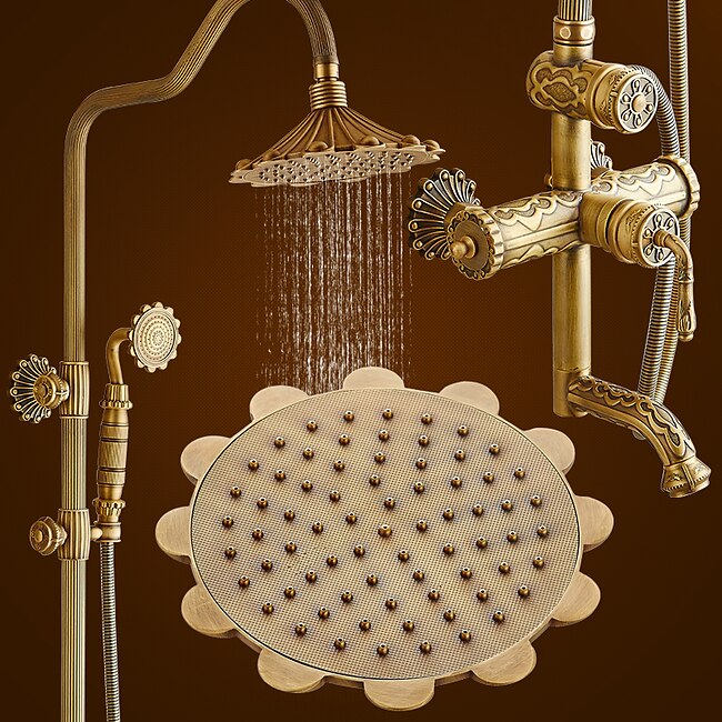 Mineral Mercantile Shower Faucet,Rainfall Shower System Body Jet Massage Set - Handshower Included pullout Rainfall Shower Antique Vintage Style Antique Brass Mount Inside Brass Valve Bath Shower Mixer Taps #9028592