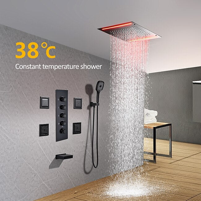 Mineral Mercantile Shower Faucet,Rainfall Shower Head System / Thermostatic Mixer valve Set - Rainfall Shower Contemporary Painted Finishes Mount Inside Brass Valve Bath Shower Mixer Taps #9233114