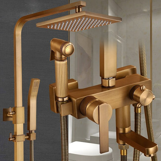 Mineral Mercantile Shower Faucet,Antique Brass Shower System Set,Mount Outside Waterfall Pullout Included Multi Spray and Rainfall Shower Bath Shower Mixer Taps with Cold and Hot Switch #8169274