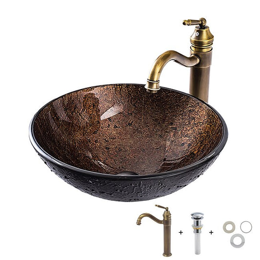 Mineral Mercantile 16.5 inch Bathroom Vessel Sink with Faucet Vintage Brass, Antique Tempered Glass Basin with Pop-Up Drain, Countertop Artistic Round Basin Bowl Set, Above Counter Vanity Sink #7178682