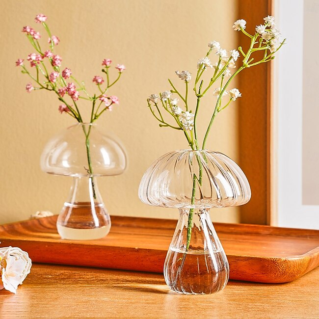 Mineral Mercantile Transparent Glass Mushroom-Shaped Vase, Indoor Tabletop Floral Arrangement Container, Cozy Centerpiece for Home and Dining Room, Suitable for Flowers, Green Plants, and Hydroponic Decor #16611875