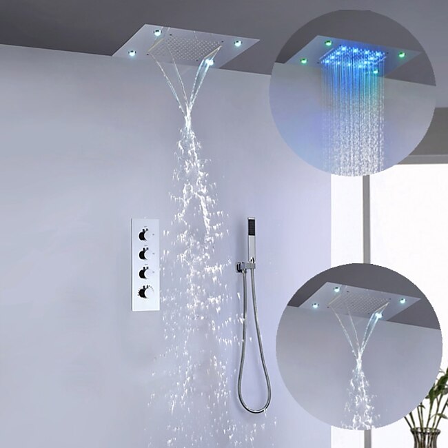 Mineral Mercantile Shower Faucet,500*360 Chrome LED Shower Faucet Sets with Stainless Steel Shower Head and Handshower Ceiling Mounted Water Fall/Jet/Rainfall Shower Head(The Product Needs to be Electrified to Use) #5390403