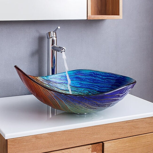 Mineral Mercantile Bathroom Vessel Sink Rectangular 21"x15", Sink Mixer Faucet and Drain Combo with Pop-up Drain, Boat Shape Color Tempered Glass Artistic Vanity Sink Bowl, Above Counter Washroom Sink Art Wash Basin #7812102