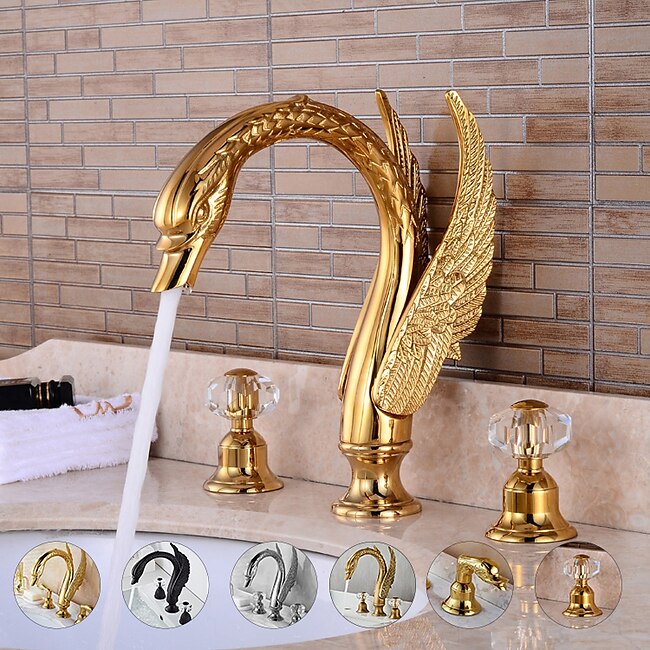 Mineral Mercantile Widespread Bathroom Sink Mixer Faucet, 2 Handle 3 Holes Basin Taps Swan Noble Luxury Golden and Oil-rubbed Bronze Bath Taps #8382967