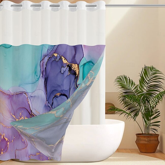 Mineral Mercantile No Hook Shower Curtain with Leaves Pattern – Snap-In Fabric Liner, Sheer Top Window, Waterproof Double-Layer Bathtub Curtain #14737571