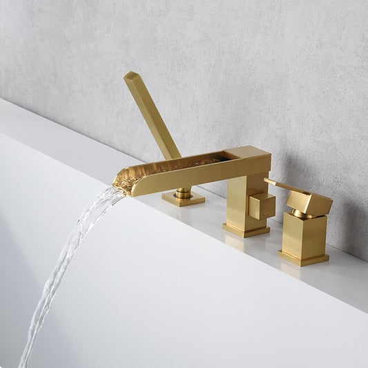 Mineral Mercantile Bathtub Faucet Waterfall Long Spout Bath Tub Filler Mixer Taps Golden with Heldhand Shower 60 inch Hose, 3 Hole 2 Handle Deck Mounted Widespread Bathroom #8427021