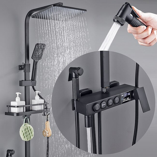 Mineral Mercantile Shower Faucet with LED Display Thermostatic Mixer valve Set Handshower Included Pullout/Shelf Rainfall Shower Electroplated Mount Outside Ceramic Valve Bath Shower Mixer Taps #8231069