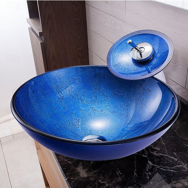 Mineral Mercantile Blue Bathroom Sink Set with Matching Style Faucet Art Bathroom Tempered Glass Vessel Sink Round Wash Basin Bowl Above Counter Washbasin #16929802