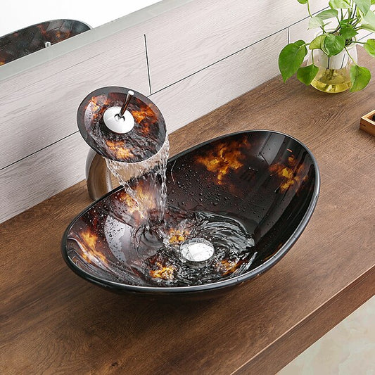 Mineral Mercantile Bathroom Vessel Sink with Faucet Mounting Ring and Pop Up Drain Round Bowl BasinBrown #9112610