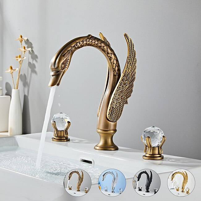 Mineral Mercantile Widespread Bathroom Sink Mixer Faucet Swan Shape, Vintage Brass 3 Hole 2 Handle Basin Tap Deck Mounted, Washroom Basin Vessel Water Tap with Hot and Cold Hose #9319955