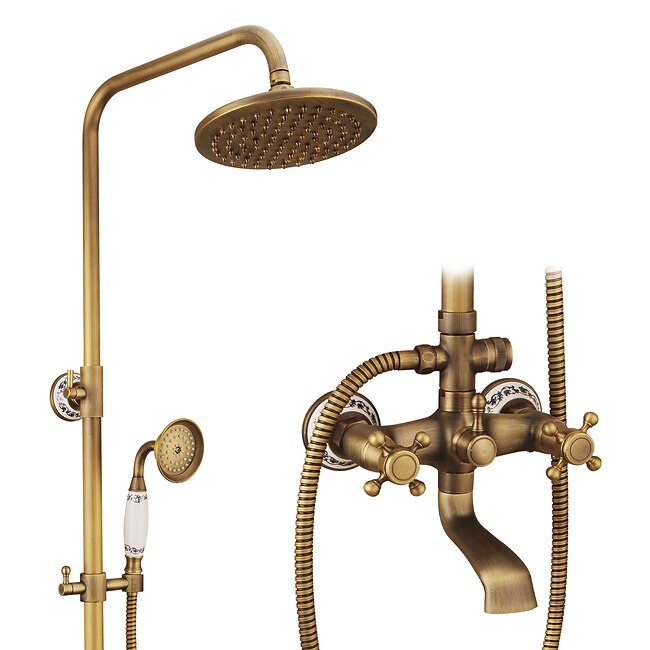 Mineral Mercantile Shower Faucet,Shower System Set - Handshower Included pullout Waterfall Vintage Style / Country Antique Brass Mount Outside Ceramic Valve Bath Shower Mixer Taps #8339055