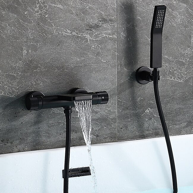 Mineral Mercantile Free Standing Bathtub Faucet Thermostatic Black Painted Finishes Rotatable Shower Seat Waterfall and Spray Mode Bath Shower Mixer Taps with Hot and Cold Water #8258707