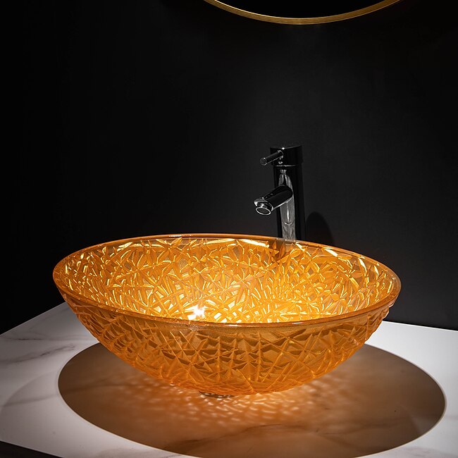 Mineral Mercantile Modern Luxury Art Orange Oval Die Cast Glass Wash Basin With Faucet, Basin Holder And Drain #8581929