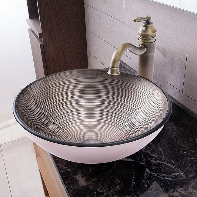 Mineral Mercantile Vessle Sink Circular Stripe Design Basin Modern Tempered Glass Vessel Sink for Bathroom Bathroom Sink Set with Vintage Faucet #11707344