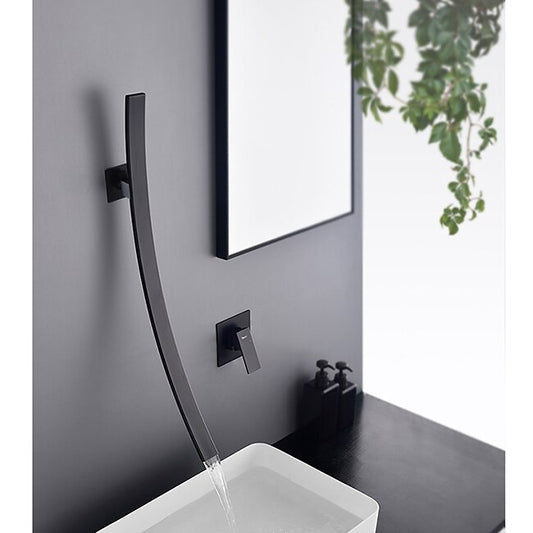 Mineral Mercantile Wall Mounted Bathroom Sink Faucet,New Design Waterfall Black Single Handle Two Holes Bath Taps with Large Outlet and Flow Adjustable Switch and Hot/Cold Switch #7330651