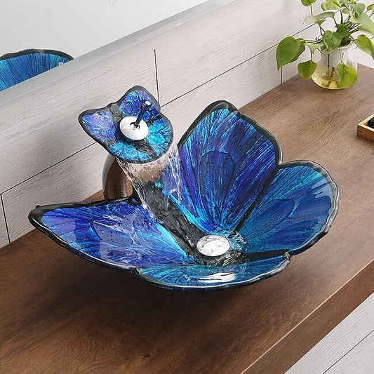 Mineral Mercantile Bathroom Vessel Sink Butterfly Shape Artistic Tempered Glass Vessel Sink Vessel Bowl Sink Countertop Vanity Vessel Sink with Waterfall Faucet and Pop Up Drain Combo #19097852