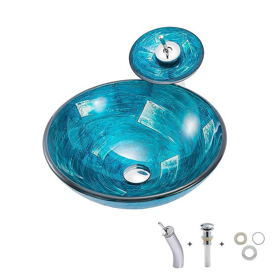 Mineral Mercantile Minimalist Mediterranean Wind Round Basin Tempered Glass Wash Basin With Waterfall Faucet Basin Support Drainer #7873993