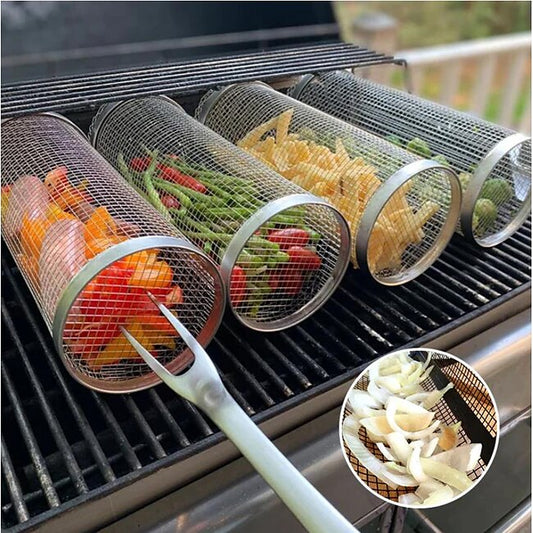 Mineral Mercantile Rolling Grill Basket - SUS304 Stainless Steel Barbecue Cooking Grill Grate - Outdoor Round BBQ Campfire Grill Grid - Camping Picnic Cookware #9523738