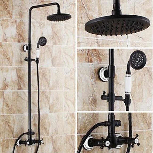 Mineral Mercantile Two Handles Shower Systerm Set, Black Brass Faucet Three Holes Adjustable Electroplated Rainfall High Pressure Shower Mixer Taps with Rain Shower and Hand Shower #1369258