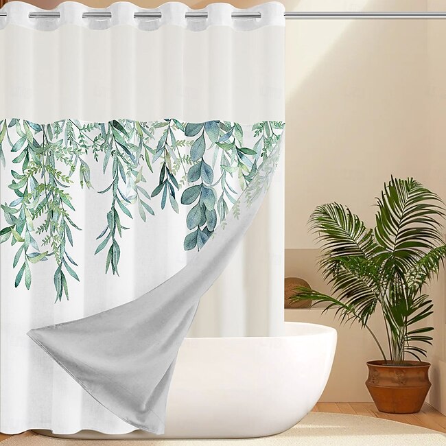 Mineral Mercantile Leaves Waffle-Weave Textured Shower Curtain Set with Snap-in Liner and Sheer Window - Water-Repellent Polyester Blend Fabric, Grommet Top, 120 GSM Hotel Quality Spa Style Bathroom Partition - No Hooks Required #11933721